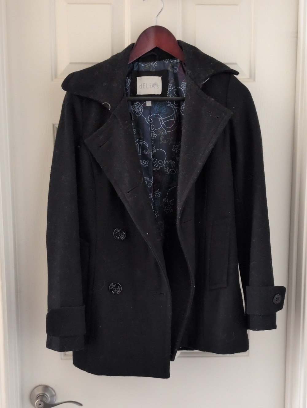 dELiA*s Black Wool-Blend Peacoat with Patterned Lining